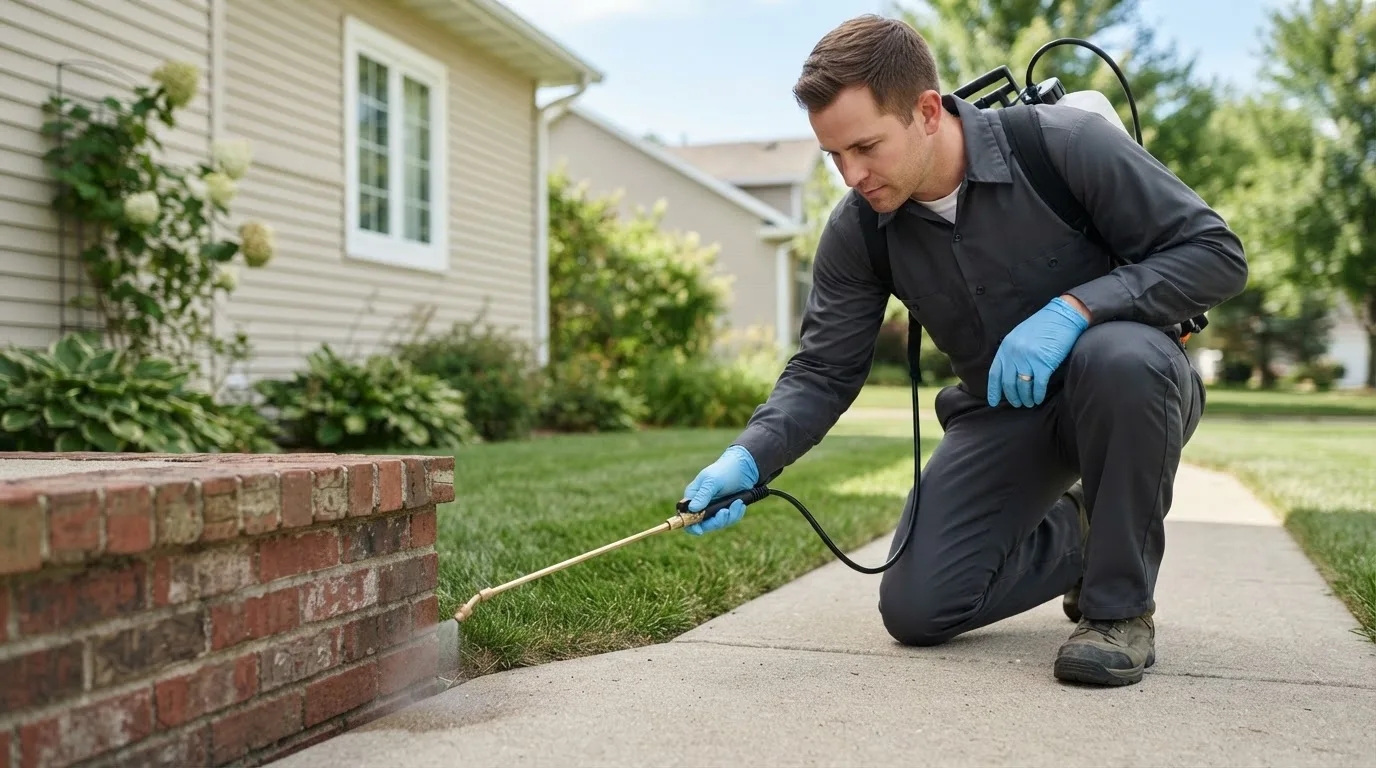 Pest control technician treating a home near Tendoy, ID